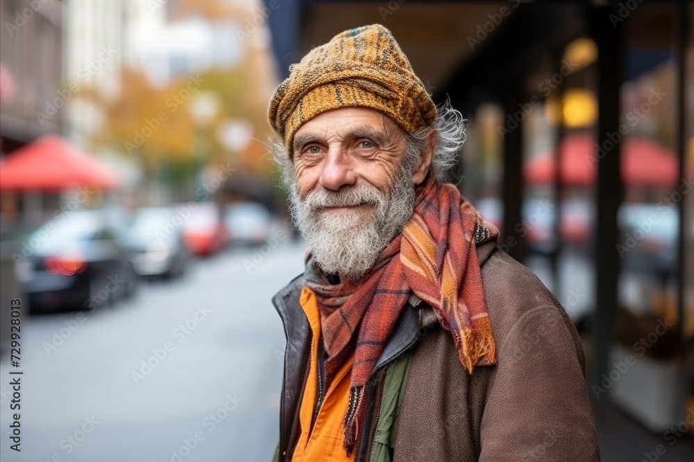 Portrait of a senior man with hat and scarf on the street