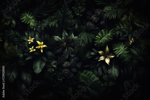 A vibrant group of yellow flowers  with green leaves encircling them  creates a beautiful scene in nature.