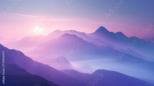 Mountain Mist at Dawn: Shades of purple and blue shrouded in mist evoke the majesty of mountains at sunrise. © olegganko