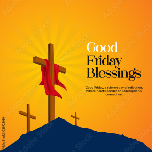 Good Friday Blessings Poster - Cross and Sunset: Honor Good Friday with this peaceful poster featuring a cross and a beautiful sunset, symbolizing blessings and reflection.	