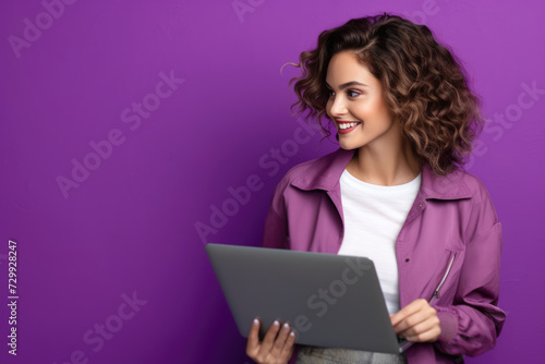 A woman stands in front of a vibrant purple wall while holding a laptop computer. photo