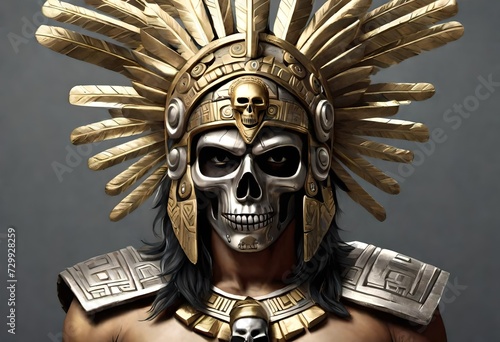 Image of a young Aztec Aztek  God with a scary skull metal mask made of gold and silver colors photo