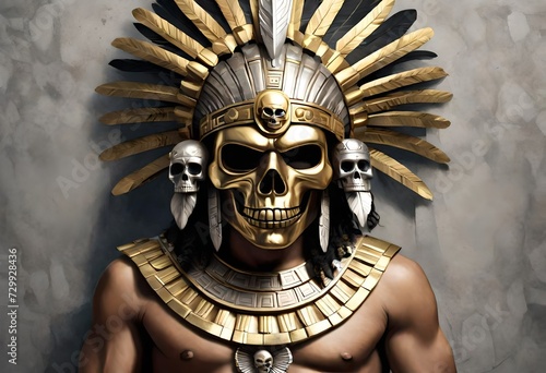 Image of a young Aztec Aztek  God with a scary skull metal mask made of gold and silver colors