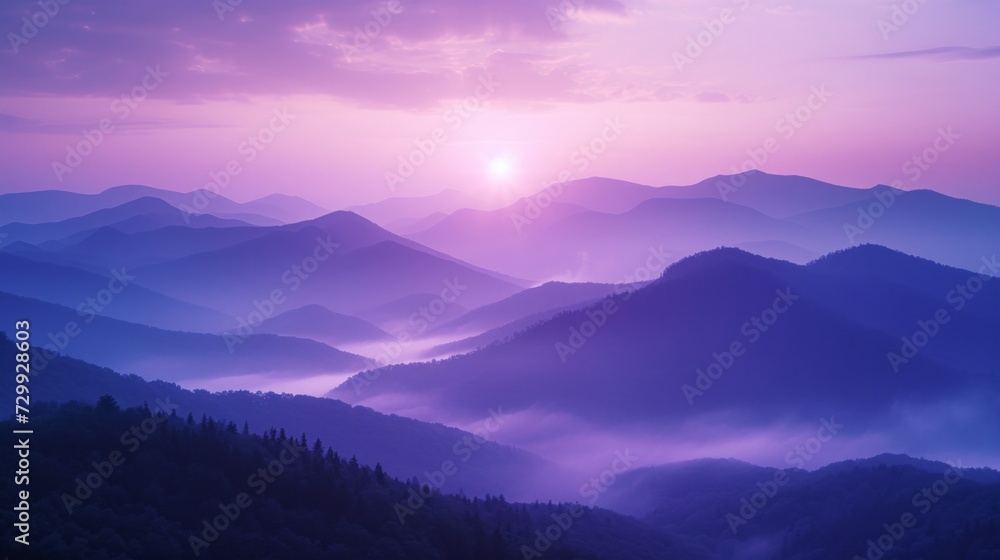 Obraz premium Mountain Mist at Dawn: Shades of purple and blue shrouded in mist evoke the majesty of mountains at sunrise.
