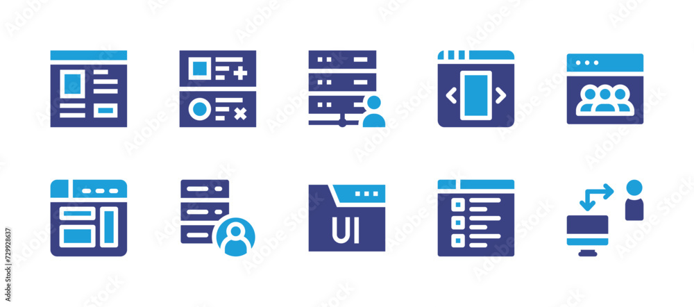 User interface icon set. Duotone color. Vector illustration. Containing ui, browser, user experience, ui design, list, admin, account, testimonial, pop up, social media.