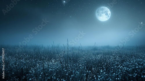 Canvas Print Mystical Moonlit Meadow: Soft silver and indigo shades merge, conjuring the tranquility of a moonlit meadow under a starry night sky