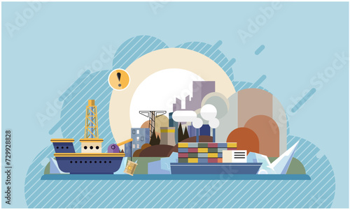 Industrial pollution. Dirty waste. Environmental pollution. Vector illustration. Air pollution from industrial production is top concern for governments Factory emitting smoke represents unchecked