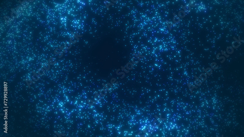 Glowing light blue stardust texture on dark blue background 8K 16:9. Scattered shiny particles. Explosion of glistering blobs. Cyber technology, business connection, digital data. Starry night sky