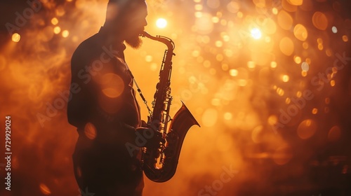 Saxophone Serenade: A sleek saxophone silhouette set against a smoky, dimly lit jazz club photo