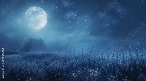 Mystical Moonlit Meadow: Soft silver and indigo shades merge, conjuring the tranquility of a moonlit meadow under a starry night sky.