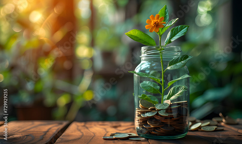 a plant growing in a glass jar filled with coins on a wooden table, symbolizing the concepts of saving money, investment growing money, and the idea of financial growth.