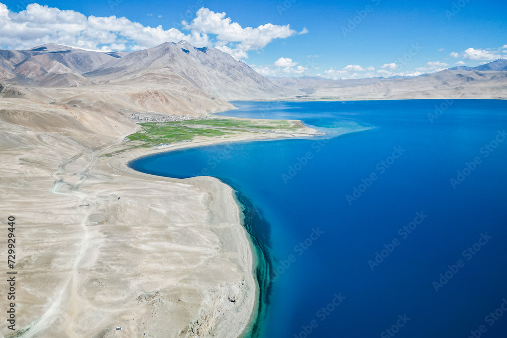 Fototapeta premium High mountain lake Tso Moriri, aerial view, Himalaya nature, Ladakh, India