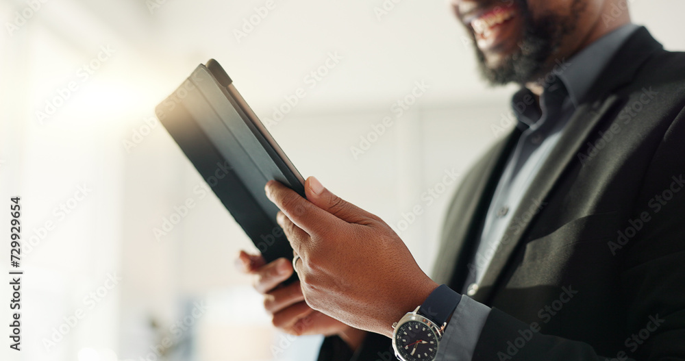 Obraz premium Hands of man in office with tablet, scroll on email or social media for business feedback, schedule or agenda. Networking, digital app and businessman online for market research, website and report.