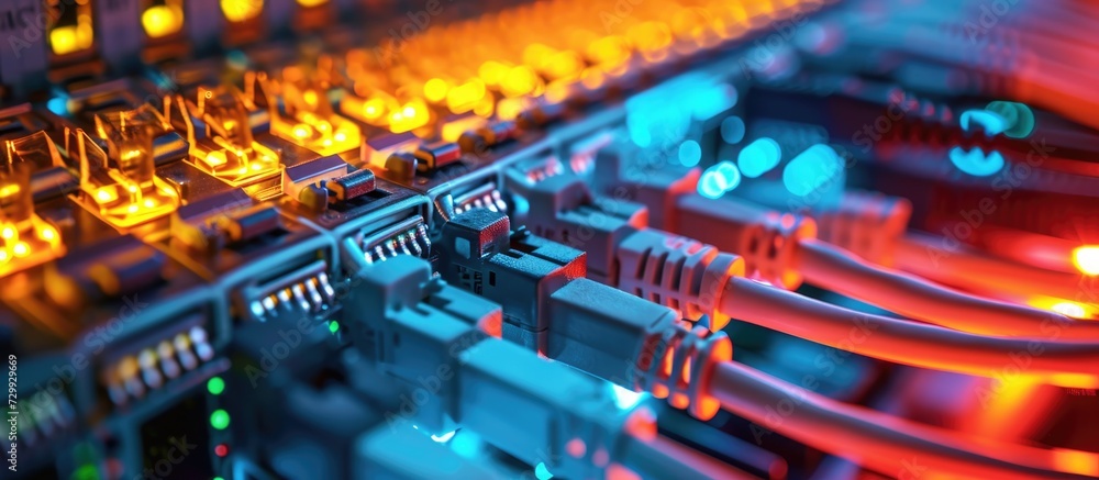 Fiber optic cables linked to optic ports and network cables connected ...