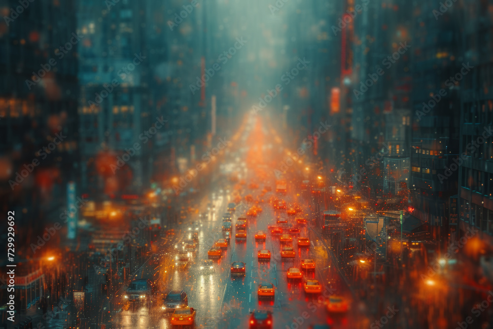 A photo manipulated by AI to transform a bustling city into a serene, abstract composition, reimagining urban chaos. Concept of AI transforming urban perception. Generative Ai.