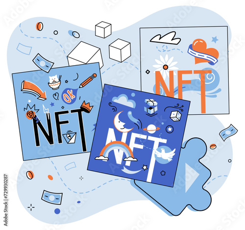 NFT vector illustration. Nonfungible tokens have created digital marketplace where unique digital assets can be bought, sold, and traded The financial sector is exploring use blockchain technology