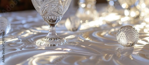 Patterned white tablecloth adorned with crystal faceted balls. photo