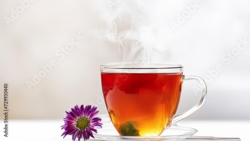 Mug of hot tea next to a flower.
