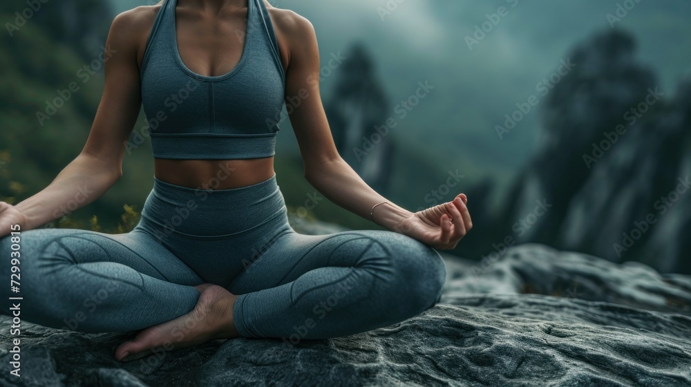 Close up young woman wearing sportswear practicing yoga, sitting in Easy Seat pose with mudra on mats, doing Sukhasana exercise, stress relief Close up young woman wearing sportswear practicing yoga, sitting in Easy Seat pose with mudra on mats, doing Sukhasana exercise, stress relief
