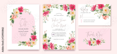 wedding invitation set with pink white floral watercolor frame