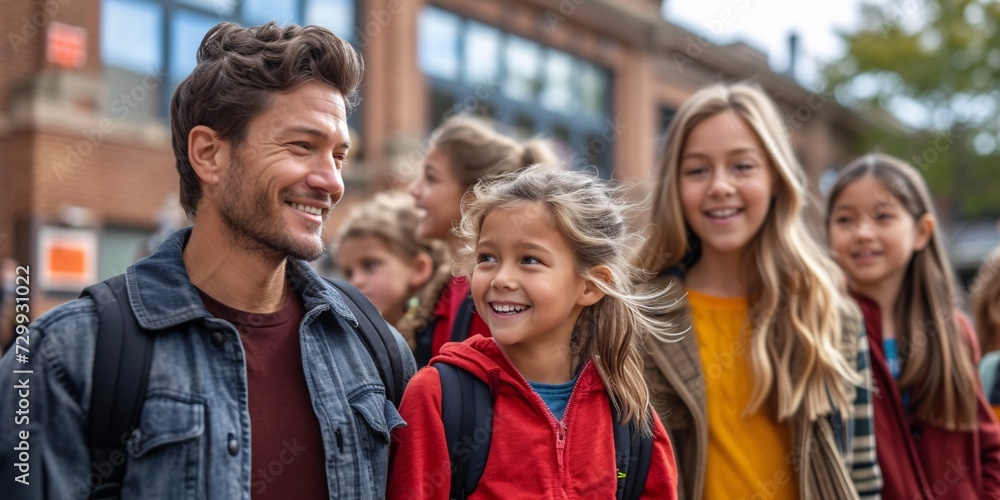 Smiling Man and Girl in Red Jackets, Backpacks, and Hair Bows, Celebrating the Month of Love Generative AI Smiling Man and Girl in Red Jackets, Backpacks, and Hair Bows, Celebrating the Month of Love Generative AI