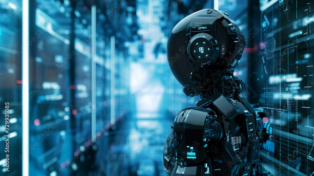 intelligence humanoid robot surround by holographic data