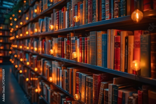 Illuminated Library A Glowing Bookshelf with Monthly Themes Generative AI photo