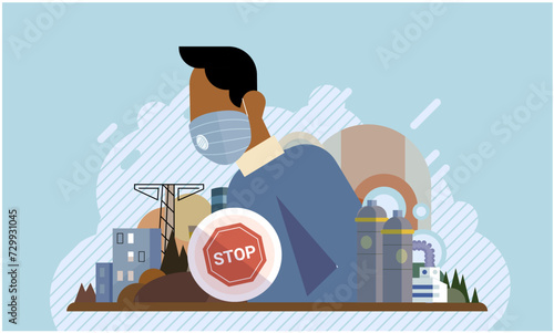 Industrial pollution. Dirty waste. Environmental pollution. Vector illustration. Toxic waste chemicals are stored without proper safety measures Industrial pollution is result increased production