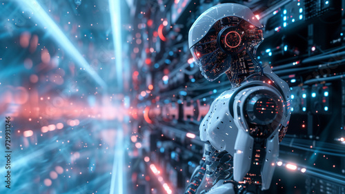 intelligence humanoid robot surround by holographic data photo
