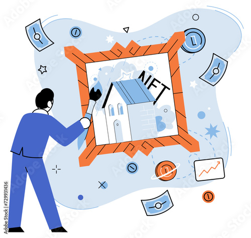 NFT vector illustration. The financial sector is exploring use blockchain technology for more efficient and secure financial transactions NFTs have sparked wave innovation in gaming industry, enabling