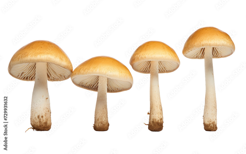 An Artful Presentation of Four Mushrooms, Each Show Unique Expression on a White or Clear Surface PNG Transparent Background.