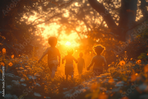 An image of children playing, shot on film, where the warm tones evoke a sense of nostalgia and innocence. Concept of capturing childhood memories on film. Generative Ai.