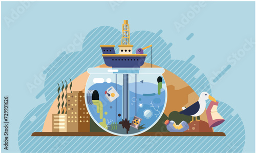 Industrial pollution. Dirty waste. Environmental pollution. Vector illustration. Environmental pollution is affecting our quality life Dirty waste materials are polluting our beautiful landscapes