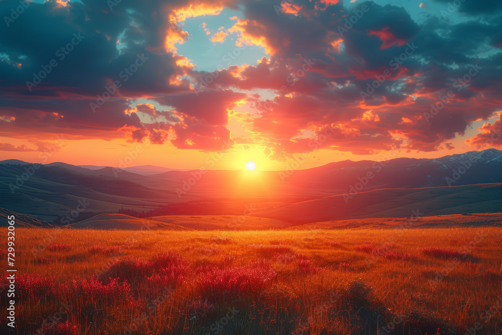 A film photo of a sunset, where the dynamic range and warm tones convey the scene's tranquility. Concept of nature's grandeur captured on film. Generative Ai.