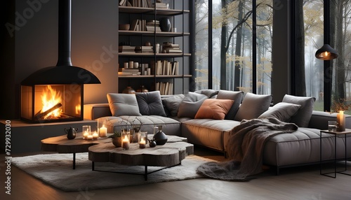 Modern Nordic Elegance: Grey Sofa and Black Fireplace in a Contemporary Living Room Interior