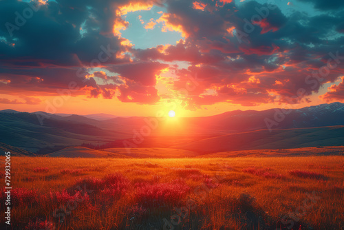 A film photo of a sunset, where the dynamic range and warm tones convey the scene's tranquility. Concept of nature's grandeur captured on film. Generative Ai.