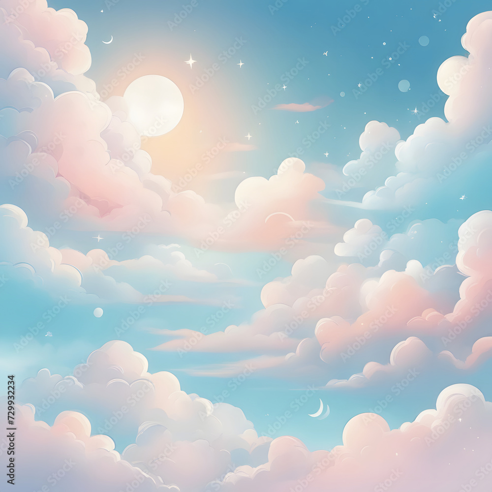 Illustration of pastel blue sky with fluffy clouds and moon.