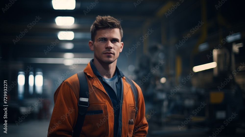 portrait of a worker in work dress standing in a factory, smiling worker portrait