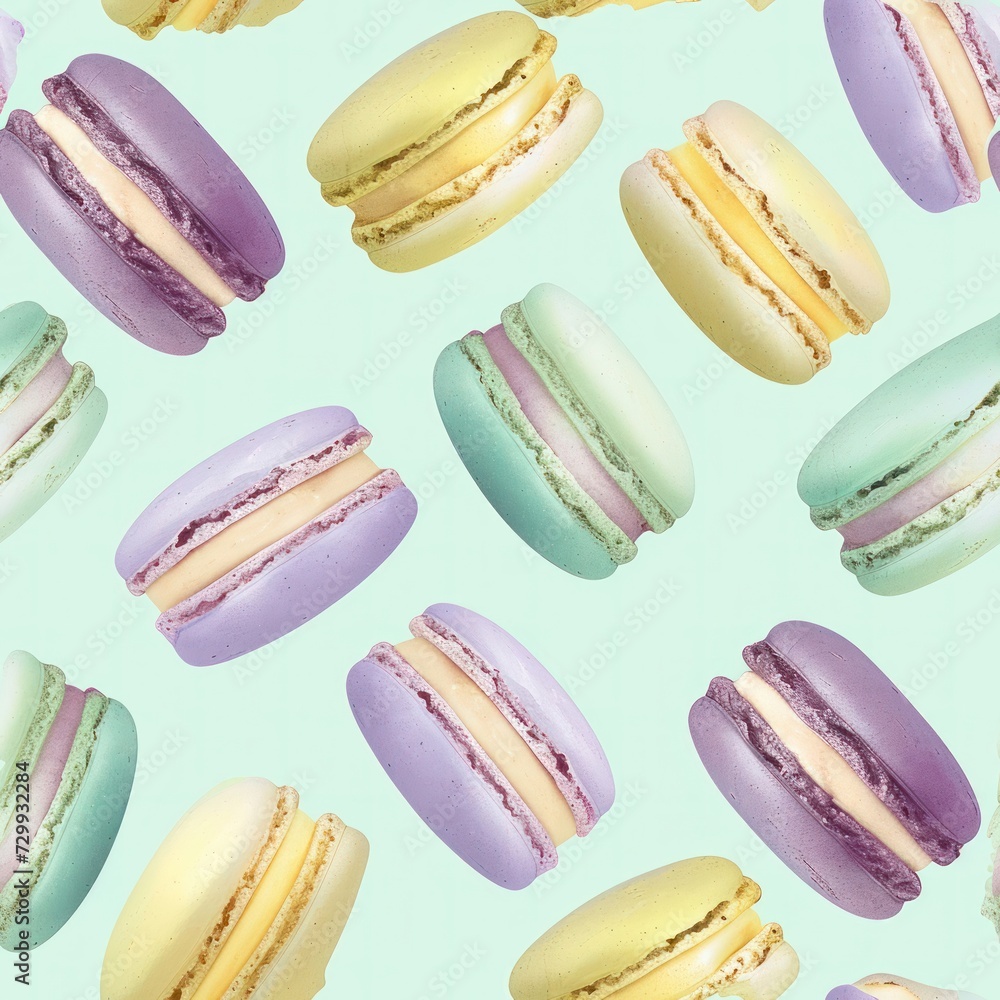 Fototapeta premium Macarons Sweet French Dessert flying, pastel mint background pattern. Creative minimal concept. Delicious macarons falling levitation layout
