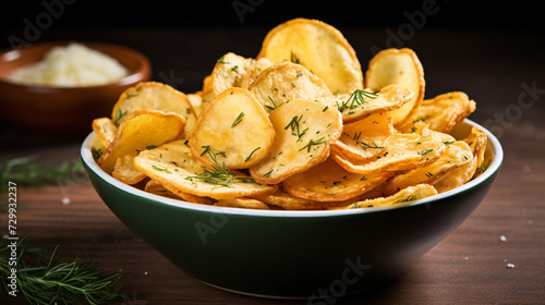 Bowl of crispy wavy potato chips or crisps