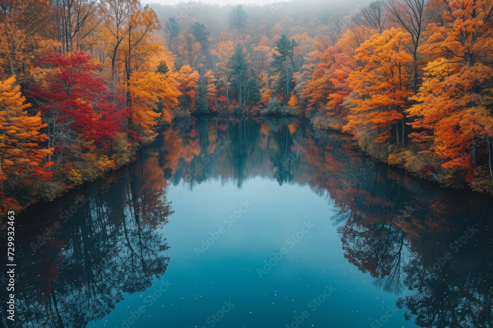 A drone photograph of a serene lake reflecting the surrounding autumn foliage, showcasing nature's palette. Concept of seasonal beauty in landscape photography. Generative Ai.