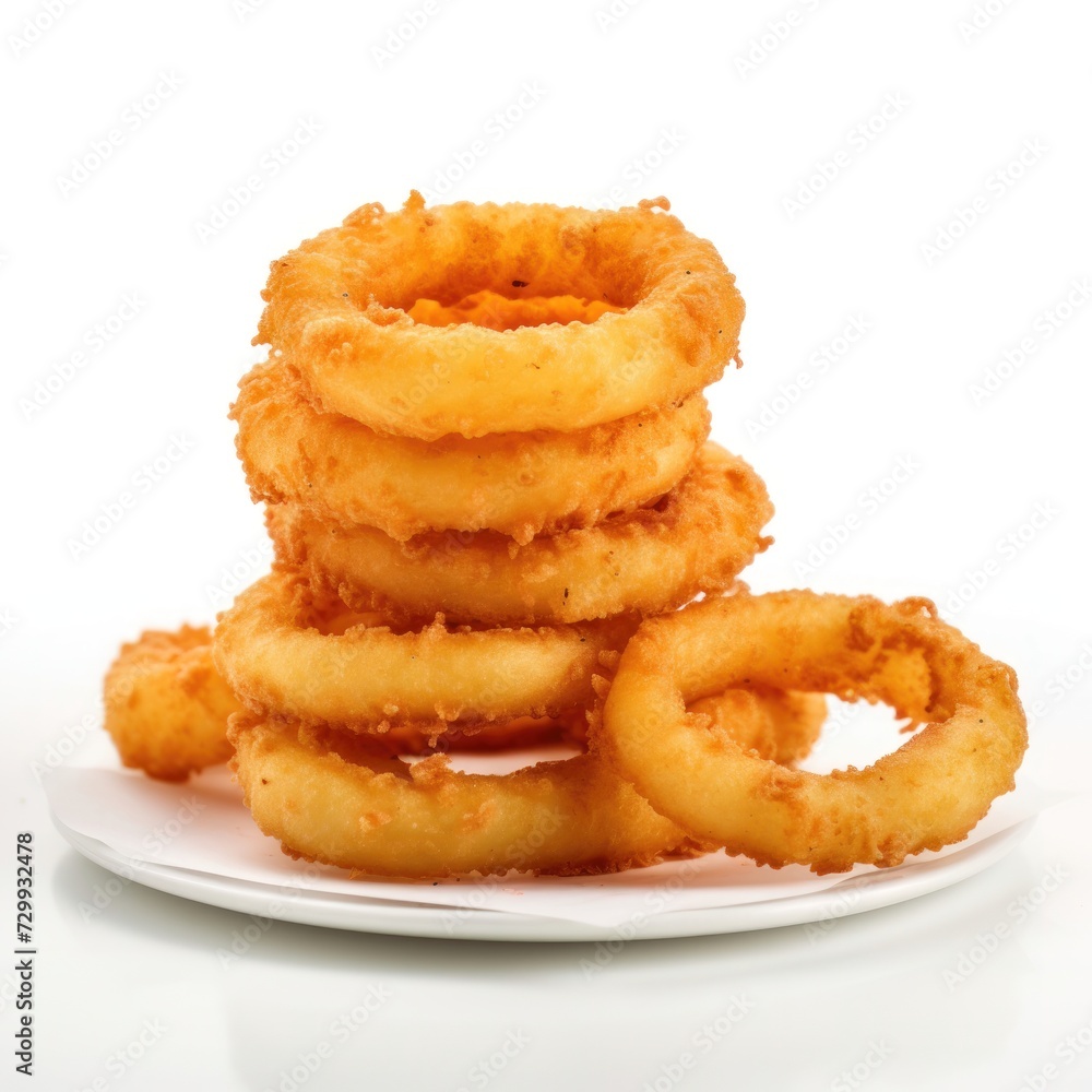 Onion Rings fresh Fried Crunchy isolated on white background. Homemade onion rings, snack for menu, advert or package, close up. Realistic, icon, detailed. Onion Rings fresh Fried Crunchy isolated on white background. Homemade onion rings, snack for menu, advert or package, close up. Realistic, icon, detailed.