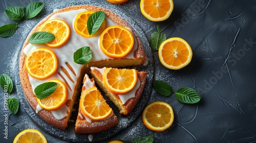 Homemade Tasty lemon cream cake zest A piece of biscuit dessert with powdered sugar glaze dripping over lemon and coconut flakes. Layered vanilla cake on a white plate.