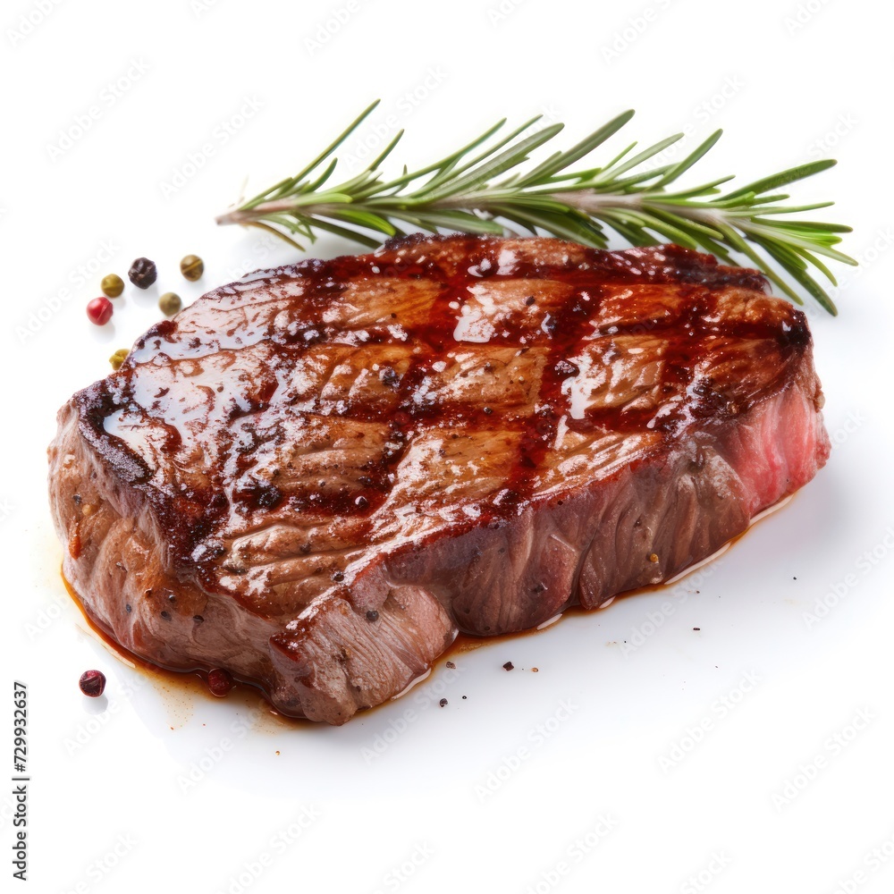Beef Steak Grilled Fillet Meat with rosemary on plate, 3d cutout minimal isolated on white background. Realistic roasted beef steak, icon, detailed for restaurant, menu, advert or package Beef Steak Grilled Fillet Meat with rosemary on plate, 3d cutout minimal isolated on white background. Realistic roasted beef steak, icon, detailed for restaurant, menu, advert or package