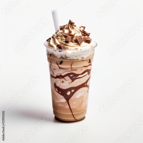 Delicious milkshake or smoothie cutout minimal isolated on white background. Vanilla and chocolate flavor. Realistic 3d illustration milkshake, icon, detailed.