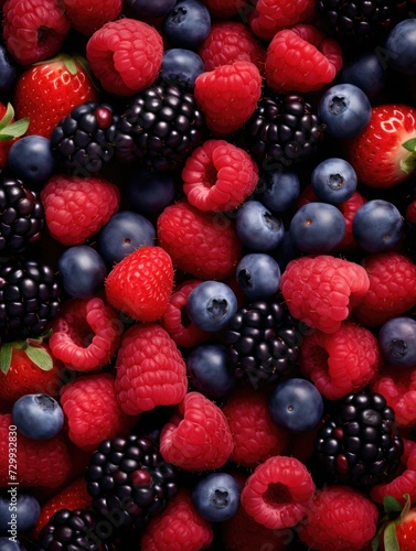 Berries Row Fresh, background, close up. Realistic berry, detailed. Grocery product advertising, menu or package.