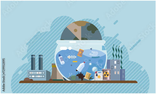 Industrial pollution. Dirty waste. Environmental pollution. Vector illustration. Smokes with smog are becoming synonymous with urbliving Trash emission is visible sign our consumption habits