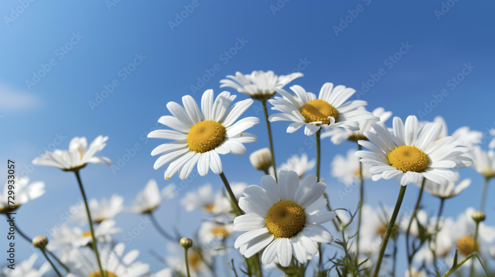 Chamomile blooms set against a vibrant blue sky