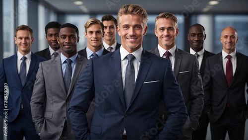 Business People with CEO of company and other co workers smiling wide angle shot
