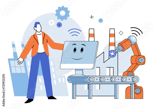 Industry iot vector illustration. Industry IoT, digital maven, harmonizes with technology in grand symphony business Automated processes, fueled by innovation, traverse interconnected roads metaverse photo